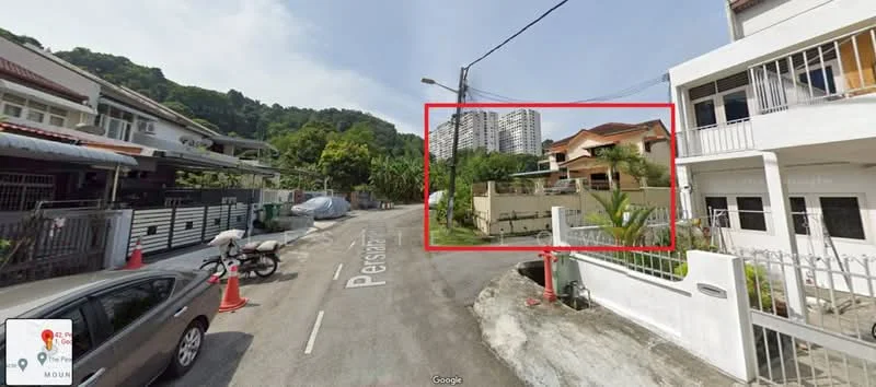 Exterior type: detached bungalow; features: two-storey building, red tiled roof, cream painted facade, surrounded by greenery, fenced yard, driveway with interlocking pavers, adjacent to high-rise buildings, street view, mature trees, manicured lawn; style: modern.