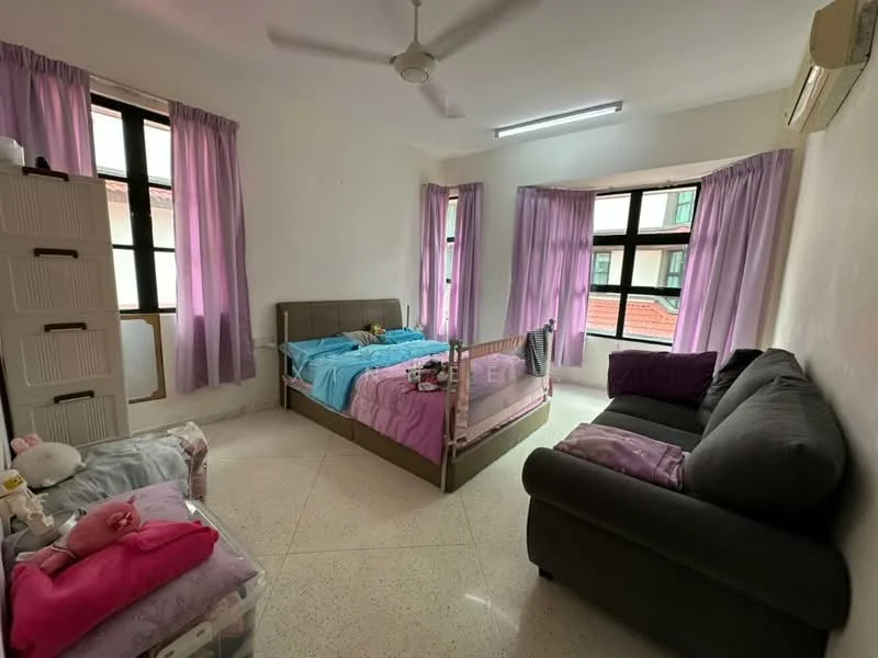 Bedroom features: queen-size bed with grey upholstered headboard, light blue bedding, purple curtains, floor-to-ceiling windows, ceiling fan, air conditioning unit, grey fabric sofa, white storage cabinet, polished concrete flooring, decorative stuffed animals, pink bedding and pillows; style: modern.