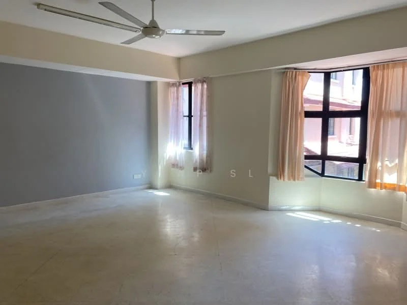 Room features: cream painted walls, grey accent wall, floor-to-ceiling windows, sheer curtains, ceiling fan, marble flooring, natural light from windows; style: modern.