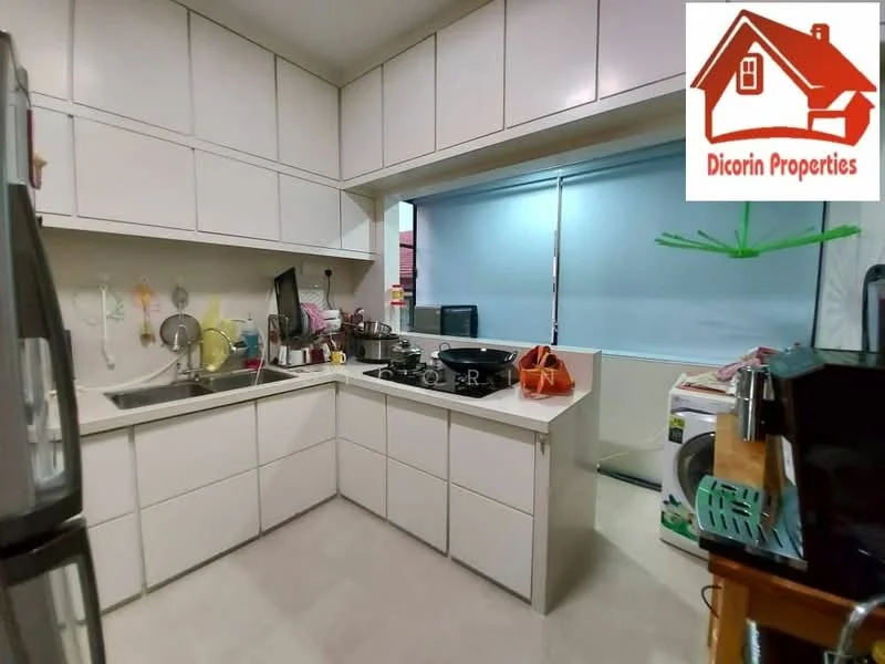 Kitchen features: white cabinetry, stainless-steel sink, chrome pull-down faucet, black countertop, built-in stove, microwave, refrigerator, window with roller blinds, light-colored tile flooring, open shelving, kitchen appliances, laundry area visible; style: modern.