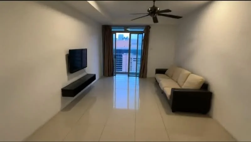 Living features: cream fabric sofa, black leather sofa, wall-mounted TV, TV console, floor-to-ceiling windows, sliding glass door, curtains, ceiling fan, glossy tile flooring, white painted walls, recessed lighting; style: modern; view: city.