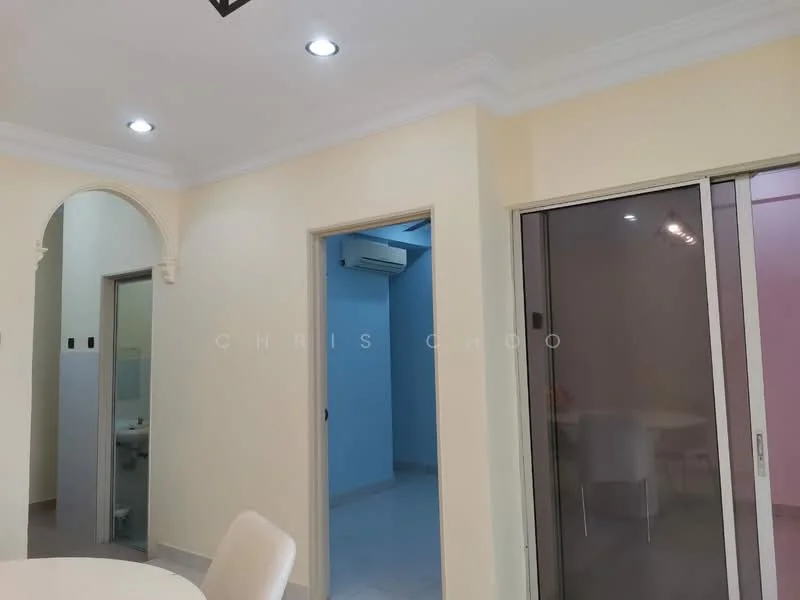 Room features: cream painted walls, white ceiling with crown moulding, recessed downlights, floor tiles, sliding glass door, wall-mounted split AC.