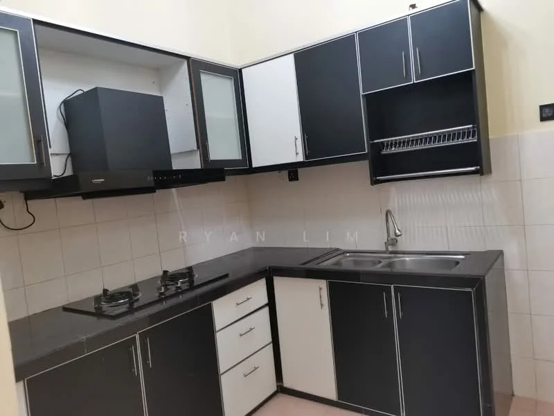 Kitchen features: black and white cabinetry, stainless-steel sink, chrome pull-down faucet, black granite countertop, built-in gas hob with 2 burners, exhaust hood, wall-mounted storage rack, white tiled backsplash, light-colored wall tiles, floor tiles, under-cabinet lighting; style: modern.