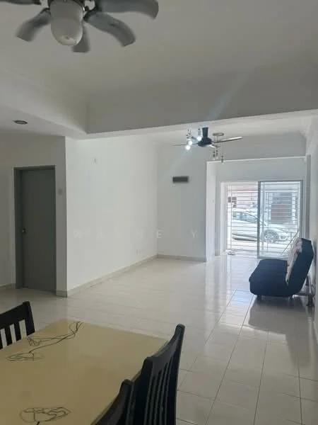 Living features: white painted walls, ceramic tile flooring, 5-blade ceiling fan with light, recessed downlights, sliding glass door, floor-to-ceiling windows, sofa bed, dining table with chairs; style: modern.