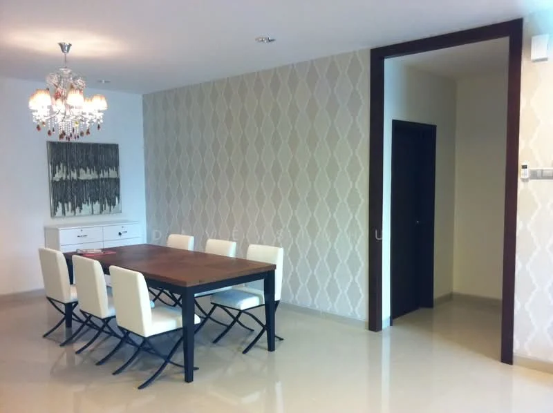 Dining features: rectangular wooden dining table, 6 upholstered dining chairs in white, chandelier with multiple bulbs, cream wallpaper with diamond pattern, light-colored tiled flooring, white sideboard cabinet, neutral wall color, doorway leading to another room; style: modern.