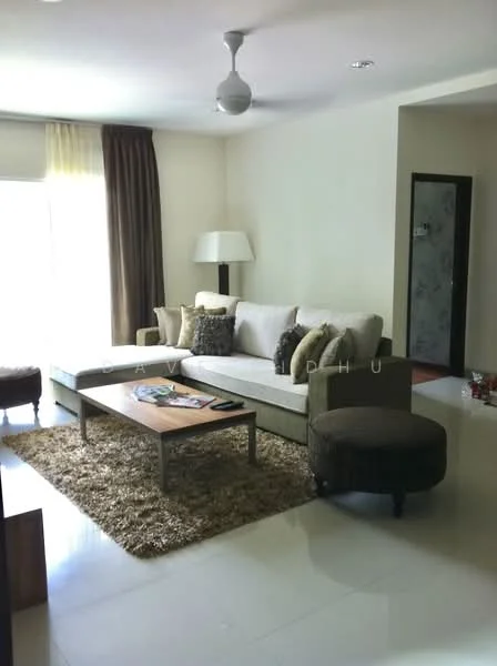 Living features: 3-seater fabric sofa in beige, 2-seater fabric sofa in cream, coffee table with wooden top, area rug with shaggy texture, floor-to-ceiling windows with sheer curtains, light brown curtains, ceiling fan, decorative floor lamp, wall-mounted artwork, light-colored walls, polished tile flooring; style: modern.