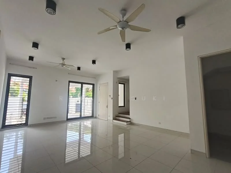 Living features: white painted walls, polished ceramic tile flooring, 5-blade ceiling fan, 2 wall-mounted ceiling lights, floor-to-ceiling windows, sliding glass door, staircase leading to upper floor, open layout; style: modern; view: garden.