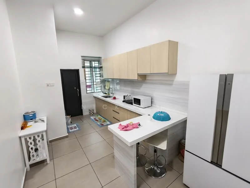 Kitchen features: light wood cabinetry, white countertop, stainless-steel fridge, built-in microwave, ceramic tile flooring, white tiled backsplash, single-bowl sink, chrome pull-down faucet, kitchen island with seating, window with grid pattern, wall-mounted storage, decorative items on countertop; style: modern.