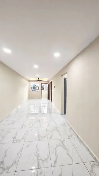 Hallway features: white painted walls, marble tile flooring, recessed LED downlights, doorway leading to other rooms, large windows for natural light; style: modern.