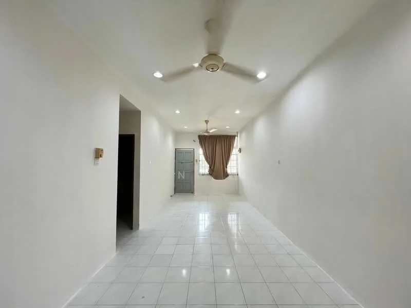 Room features: white painted walls, glossy white tile flooring, recessed downlights, 5-blade ceiling fan, curtains on window, doorway leading to another room, window with natural light, open layout; style: modern.