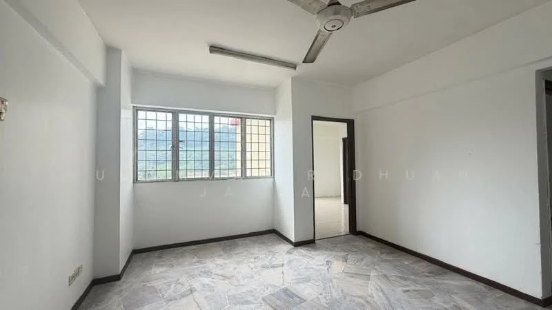 Room features: white painted walls, marble flooring, ceiling fan, large windows, window with grid pattern, neutral color scheme, corner room, natural light; style: minimalist; view: mountain.