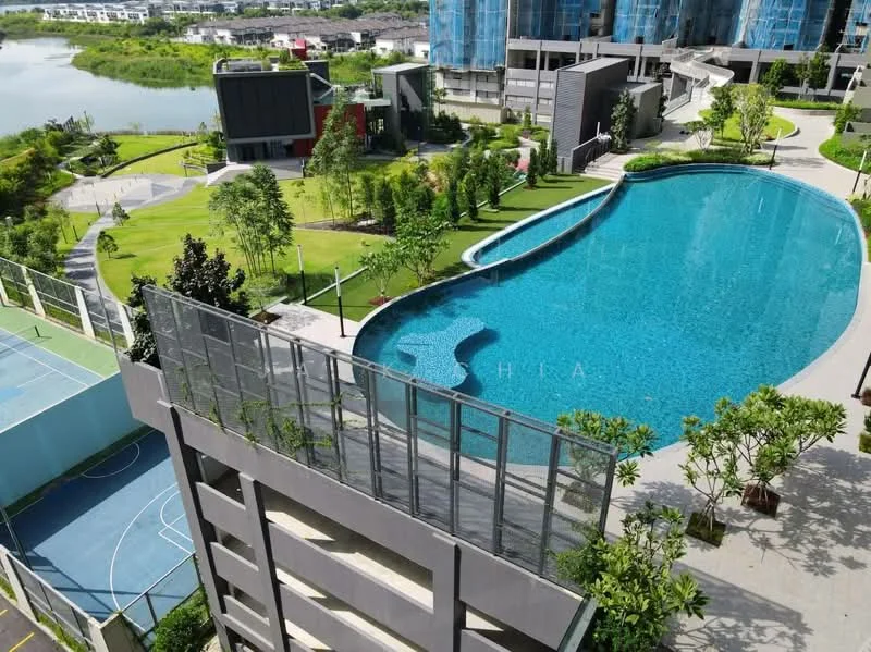 Exterior type: swimming pool deck; features: infinity pool, pool deck with loungers, landscaped garden with trees, children's playground, basketball court, tennis court, manicured lawn, surrounding greenery, modern architecture, water feature, open-air recreational area; style: modern.