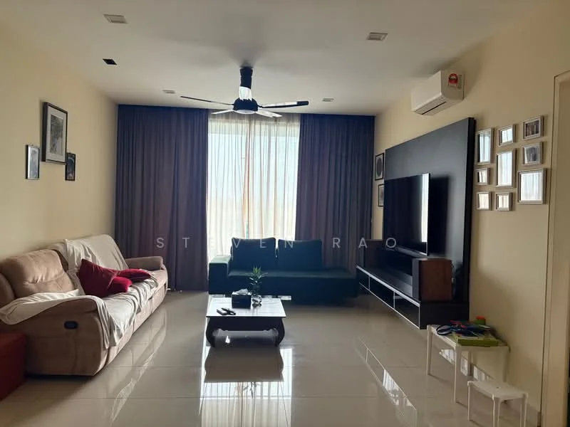 Living features: 3-seater fabric sofa in green, 2-seater fabric sofa in beige, coffee table, wall-mounted TV, TV console, area rug, 5-blade ceiling fan with light, floor-to-ceiling windows with sheer curtains, cream painted walls, polished tile flooring, decorative wall frames; style: modern; view: city.