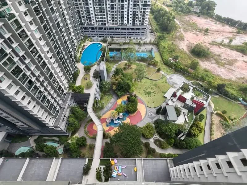 Exterior type: high-rise condominium; features: infinity pool, children's playground, landscaped garden, manicured lawn, walking paths, pool deck with loungers, water features, surrounding greenery, multi-storey building, parking deck; style: modern.