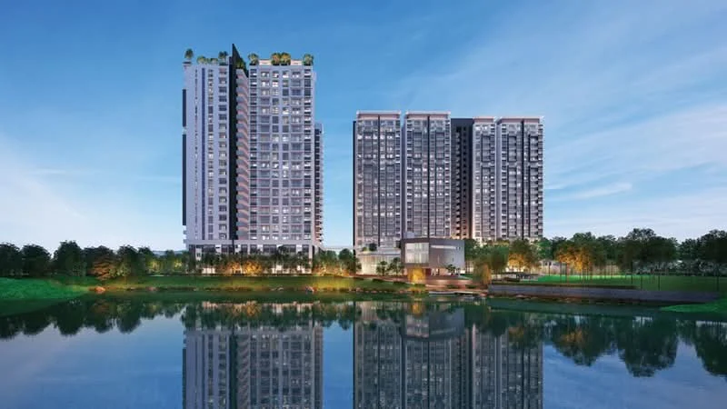 Exterior type: high-rise condominium; features: glass curtain wall, greenery on rooftop, reflective water body in front, manicured landscaping, multiple high-rise towers, outdoor lighting, surrounded by trees, modern architectural design; style: modern.