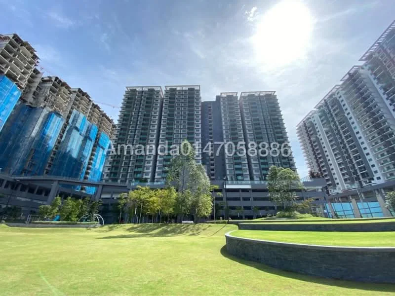 Exterior type: high-rise condominium; features: glass curtain wall, concrete facade, approximately 20-storey high-rise, manicured lawn, mature trees, surrounded by greenery, outdoor seating area, swimming pool visible in the foreground; style: modern.