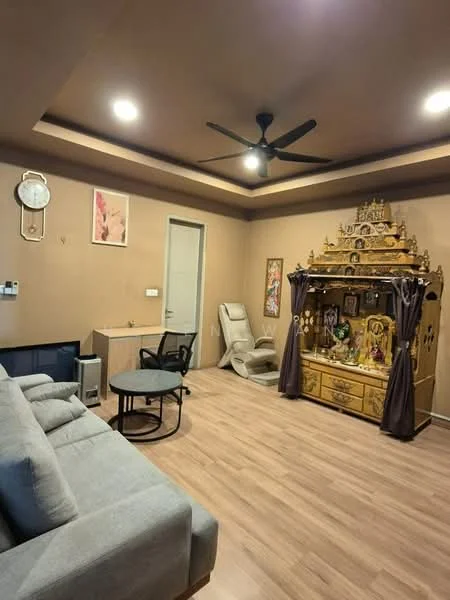 Living features: grey fabric 3-seater sofa, round black coffee table, wooden display cabinet with decorative items, wall-mounted clock, ceiling fan with light, recessed lighting, light brown painted walls, laminate flooring, study desk with chair, doorway to another room; style: modern.