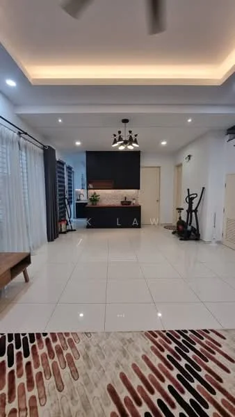 Living features: white painted walls, tray ceiling with recessed lighting, large floor tiles in white, ceiling fan with light, sofa, coffee table, area rug with geometric pattern, sliding glass door, curtains, decorative wall shelving, exercise equipment, wall-mounted air conditioning unit; style: modern. Kitchen features: black cabinetry, pink mosaic tile backsplash, stainless-steel sink, chrome pull-down faucet, built-in kitchen appliances, kitchen island, countertop with bar stools; style: modern.