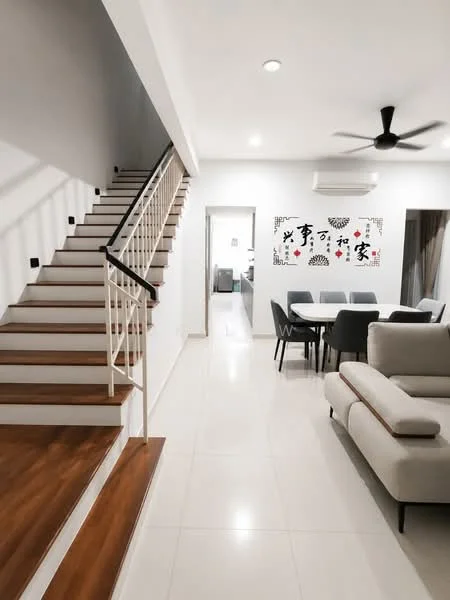 Living features: white painted walls, tile flooring, 5-blade ceiling fan with light, sofa in light color, dining table with grey upholstered chairs, decorative wall art, air conditioning unit, open layout, staircase with wooden steps and white railing; style: modern.