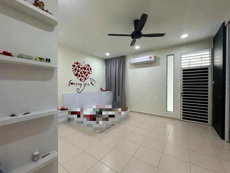 Room features: white painted walls, light-colored tiled flooring, 5-blade ceiling fan, wall-mounted air conditioning unit, grey curtains, decorative wall art with hearts, open shelving, sliding door, decorative items on shelves; style: modern.