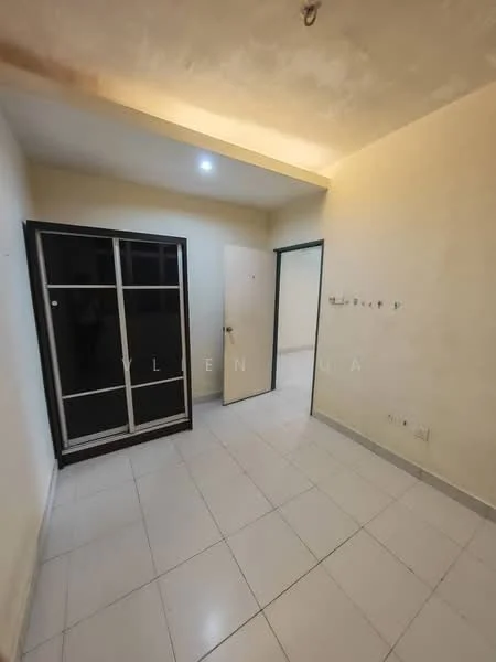Room features: white painted walls, plain ceiling, tile flooring, built-in wardrobe with sliding doors, single door, light fixture, power outlets, neutral color scheme; style: minimalist.