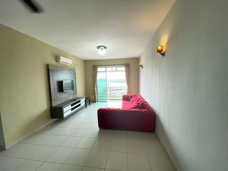 Living features: red fabric sofa, wall-mounted TV, TV console with drawers, floor-to-ceiling sliding glass door, balcony access, white painted walls, recessed ceiling lights, air conditioning unit, tile flooring, wall sconces; style: modern; view: city.