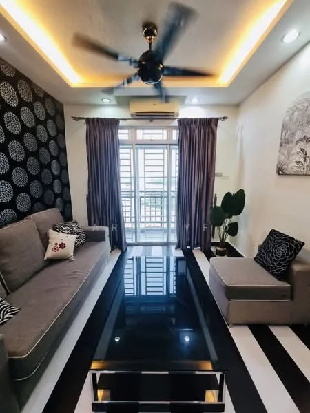 Living features: grey fabric sofa, sectional sofa, black coffee table, black and white striped flooring, black accent wall with circular pattern, white walls, recessed ceiling lights, 5-blade ceiling fan with light, curtains in grey, potted plant, wall-mounted air conditioning unit; style: modern; view: city.