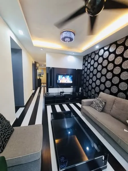 Living features: black and white striped flooring, grey fabric sofa, black and white patterned throw pillows, glass coffee table, wall-mounted TV, chandelier with crystals, recessed lighting, black accent wall with circular pattern, ceiling fan with light, decorative wall art; style: modern.
