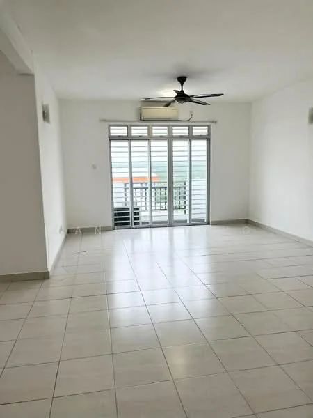 Living features: white painted walls, ceramic tile flooring, 5-blade ceiling fan, wall-mounted split AC, floor-to-ceiling sliding glass doors, balcony access, natural light from windows, neutral color scheme, recessed lighting; style: modern; view: city.