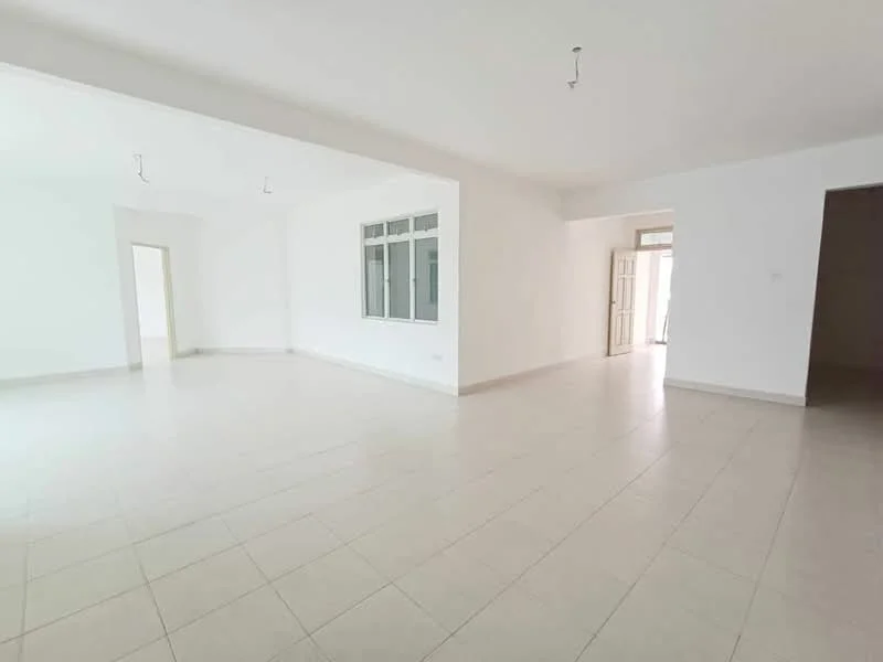 Room features: white painted walls, tile flooring, large windows, multiple doorways, neutral color scheme, high ceiling, recessed ceiling lights, open layout; style: modern.