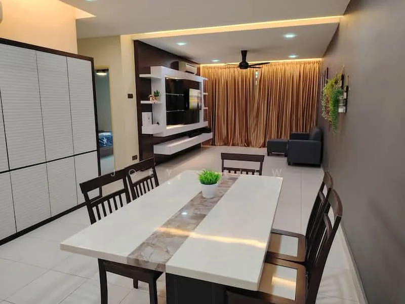 Dining features: 6-seater dining table with marble top, black wooden dining chairs, white tiled flooring, recessed LED downlights, wall-mounted TV, dark wood feature wall, curtains in gold color, ceiling fan, decorative wall plant; style: modern. Living features: grey fabric sofa, wall-mounted TV unit, dark wood shelving, recessed lighting, decorative wall art; style: modern.