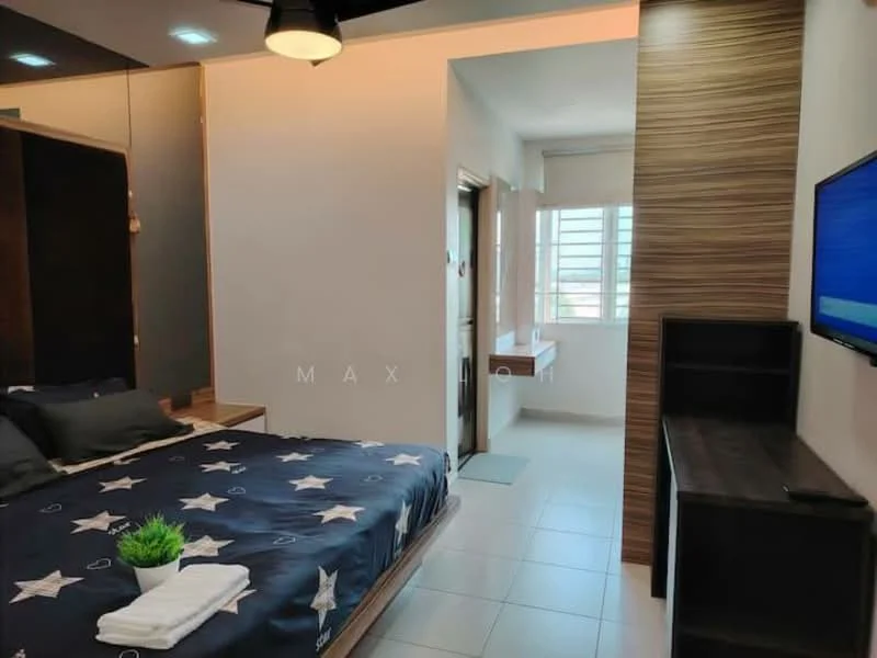 Bedroom features: queen-size bed with star-patterned bedding, wooden headboard, wall-mounted TV, built-in wardrobe with sliding doors, nightstand, decorative plant on nightstand, white walls, tile flooring, window with horizontal blinds, natural light from window, light fixture with ceiling fan; style: modern; view: city.