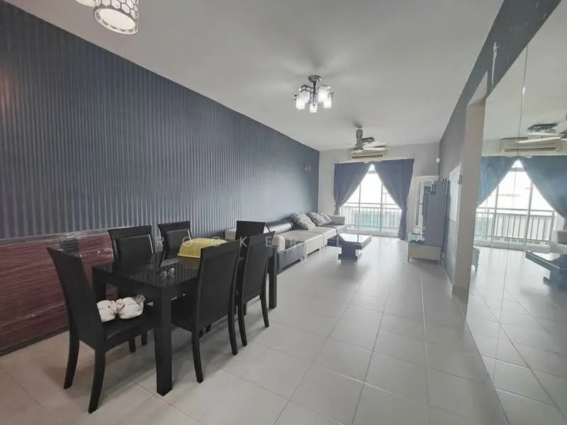 Living features: grey accent wall, white painted walls, tile flooring, 5-blade ceiling fan with light, chandelier, sofa in light grey, glass coffee table, dining table with black chairs, floor-to-ceiling windows with sheer curtains, balcony access, decorative mirror, area rug; style: modern; view: city.
