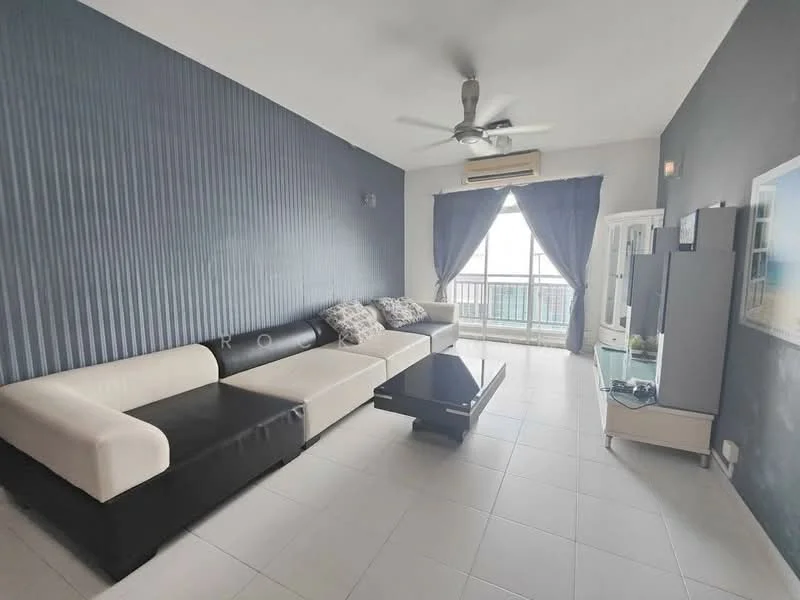 Living features: L-shape sectional sofa in white and black, coffee table, wall-mounted TV, TV console, ceiling fan, floor-to-ceiling windows, curtains, grey accent wall, white tiled flooring, decorative wall art; style: modern; view: city.