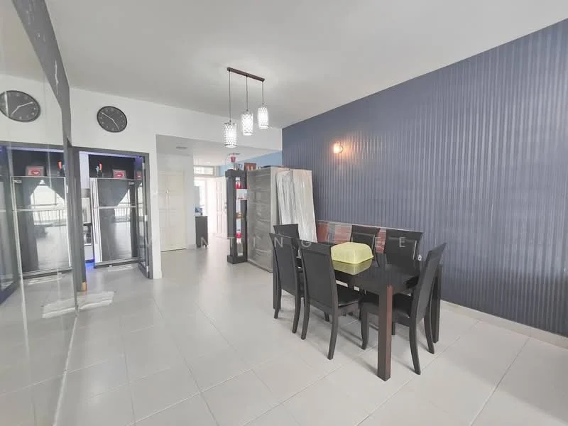 Dining features: dining table with 6 black chairs, dark wood dining table, blue accent wall with vertical stripes, white tiled flooring, recessed ceiling lights, 2 wall clocks, built-in cabinets, fridge with stainless-steel finish, open layout to living area; style: modern.