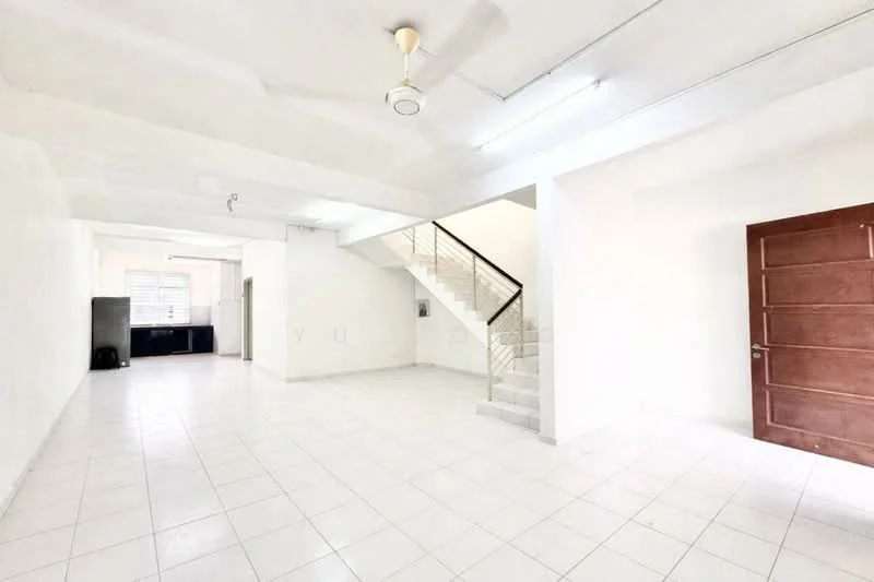 Room features: white painted walls, white ceiling, ceiling fan, tile flooring, staircase, wooden door, large windows, open layout; style: minimalist.