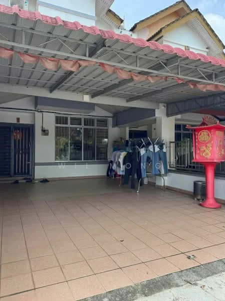 Exterior type: linked terrace house; features: red tiled roof, covered car porch, grey painted facade, large windows, tiled flooring, clothes hanging on racks, decorative red lantern, front gate, manicured entrance area; style: modern.