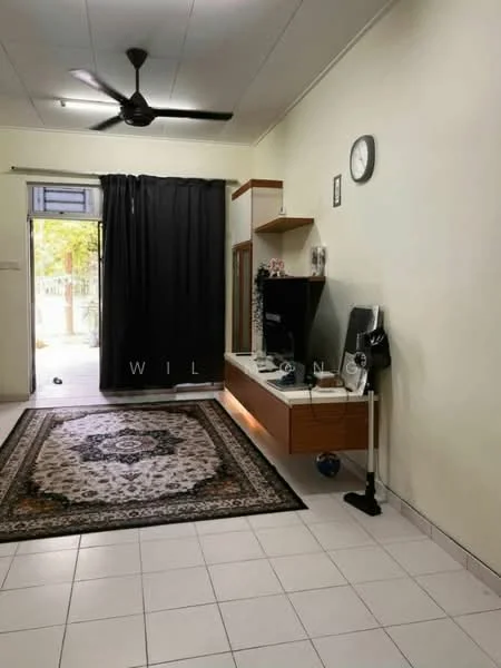 Living features: white painted walls, tiled flooring, 5-blade ceiling fan, wall-mounted TV, wooden TV console, black curtains, decorative area rug with intricate pattern, clock on wall; style: modern; view: garden.
