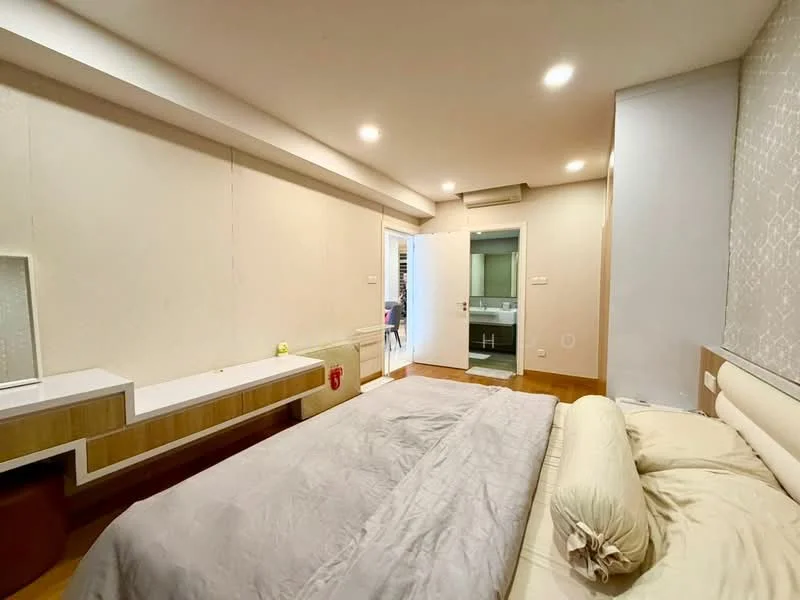 Bedroom features: queen-size bed with beige bedding, wooden flooring, white painted walls, recessed downlights, built-in wardrobe, dressing table with mirror, sliding door leading to bathroom, window with sheer curtains; style: modern.