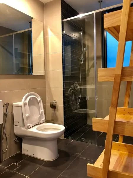 Bathroom features: one-piece toilet, walk-in shower with glass enclosure, rain shower head, handheld shower, tile cladding on walls, dark tile flooring, mirror above vanity, wooden shelving unit; style: modern.