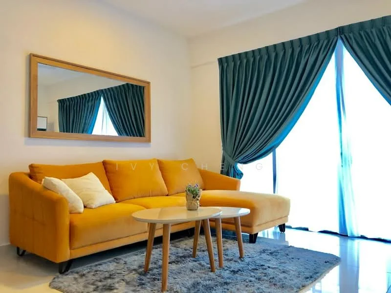 Living features: yellow fabric sofa with chaise, round coffee table, area rug with soft texture, large mirror above sofa, floor-to-ceiling windows, blue sheer curtains, dark green curtains, white walls, glossy tile flooring; style: modern.