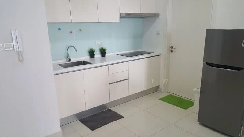 Kitchen features: white cabinetry, stainless-steel sink, chrome pull-down faucet, grey countertop, built-in stove, stainless-steel range hood, fridge, tile flooring, light blue backsplash, green mats, small potted plants; style: modern.