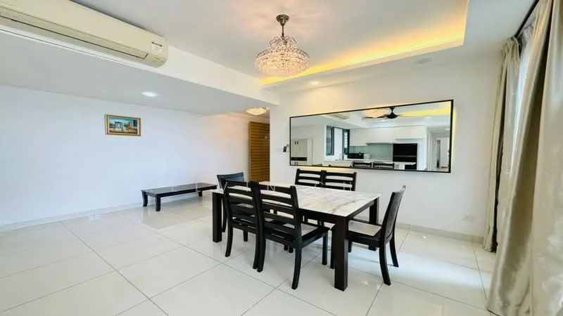Dining features: white painted walls, recessed downlights, chandelier, marble tile flooring, dining table with marble top, black wooden dining chairs, large wall mirror, air conditioning unit, window with sheer curtains; style: modern. Living features: white painted walls, recessed downlights, marble tile flooring, sofa, coffee table, TV console, decorative artwork, floor-to-ceiling windows, curtains; style: modern.