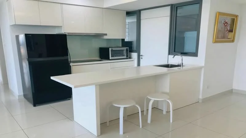 Kitchen features: white cabinetry, black refrigerator, built-in microwave, stainless-steel sink, chrome pull-down faucet, white countertop, island with seating, ceramic tile flooring, recessed downlights, floor-to-ceiling windows, open layout; style: modern.