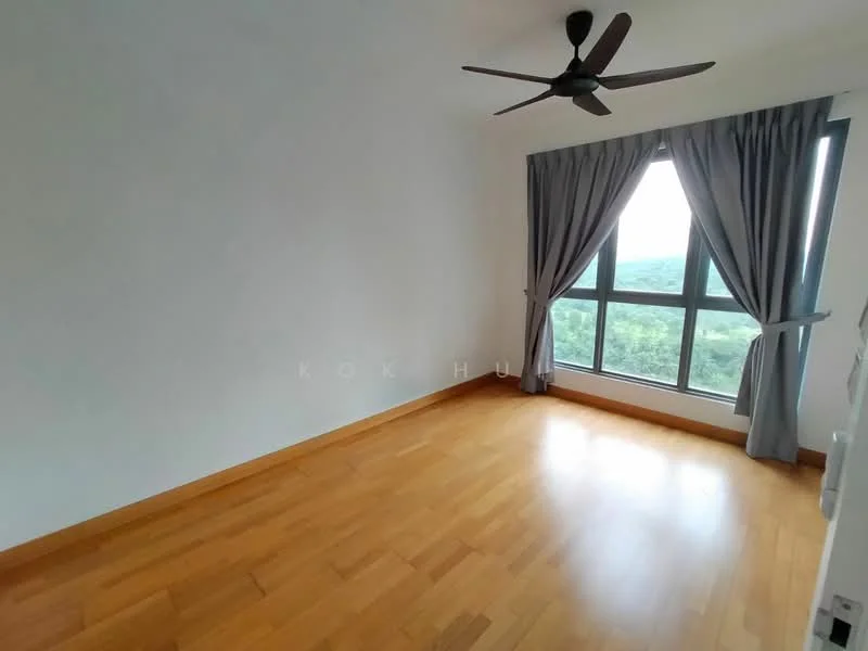 Bedroom features: wooden flooring, floor-to-ceiling windows, grey curtains, 5-blade ceiling fan, neutral painted walls; style: modern; view: garden.