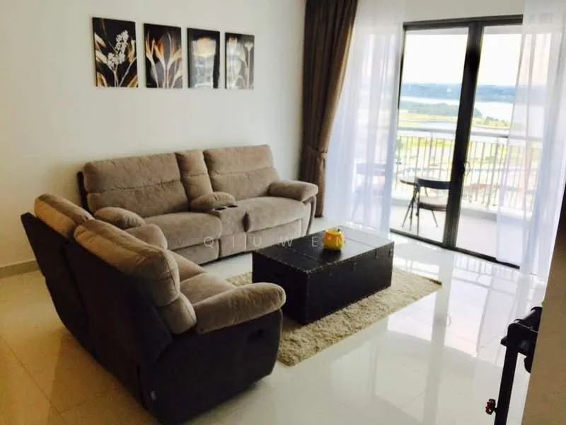 Living features: 3-seater fabric sofa in grey, 2-seater fabric sofa in grey, coffee table, area rug, floor-to-ceiling windows, sheer curtains, balcony view, light-colored walls, glossy tile flooring, decorative wall art; style: modern; view: garden.