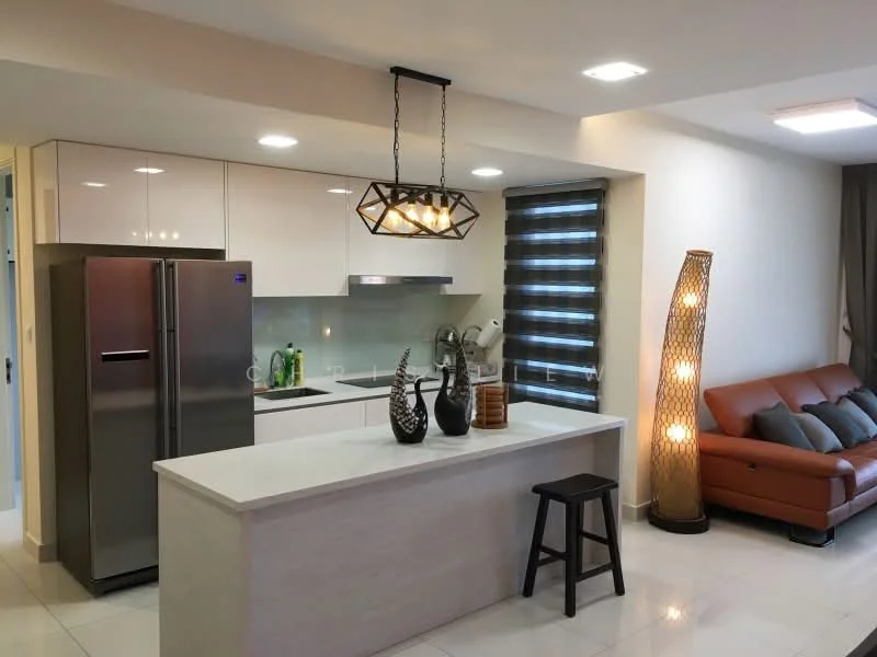 Kitchen features: white glossy cabinetry, grey quartz countertop, stainless-steel fridge, built-in oven, 4-burner gas hob, single-bowl stainless-steel sink, chrome pull-down faucet, glass backsplash, recessed LED downlights, pendant light fixture, open shelving, bar stool, decorative vases, greenery on countertop; style: modern. Living features: brown leather sofa, decorative cushions, floor lamp, coffee table, wall-mounted TV, area rug, large window with roller blinds; style: modern.