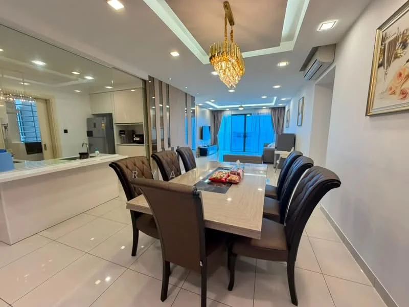 Dining features: 8-seater dining table with marble top, upholstered dining chairs in brown, chandelier with golden finish, recessed ceiling lights, white painted walls, large windows with sheer curtains, open-plan layout connecting to living area, tile flooring in white; style: modern; view: city. Living features: sofa in light grey, coffee table, TV console, floor-to-ceiling windows, curtains, air conditioning unit; style: modern; view: city. Kitchen features: kitchen island with breakfast bar, stainless-steel appliances, built-in oven, microwave, fridge, white cabinetry, tile backsplash, granite countertop; style: modern.