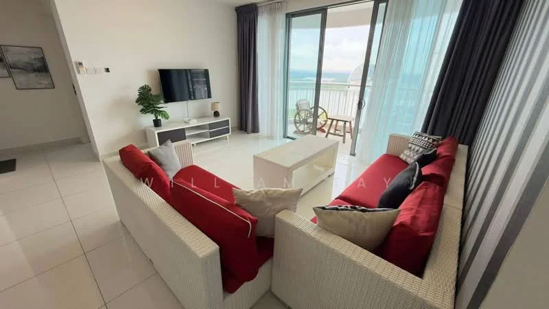 Living features: 2-seater white wicker sofa, 3-seater red fabric sofa, flat-screen TV on white console, floor-to-ceiling sliding glass door, balcony access, white tiled flooring, curtains in grey, decorative cushions in various colors, coffee table, area rug; style: modern; view: sea.