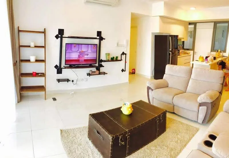 Living features: light-colored tiled flooring, white painted walls, recessed downlights, wall-mounted TV, wooden shelving unit, beige area rug, coffee table with storage, two beige recliner chairs, air conditioning unit, open layout to kitchen, large windows for natural light; style: modern.